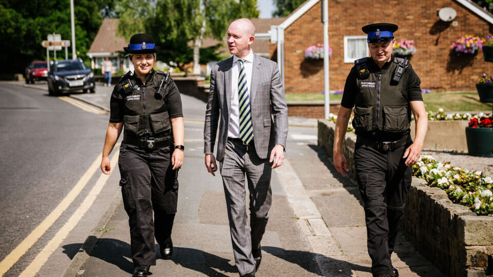Andrew Snowden, Police and Crime Commissioner for Lancashire walking the beat with two police officers